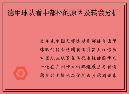 德甲球队看中郜林的原因及转会分析