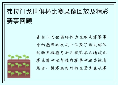 弗拉门戈世俱杯比赛录像回放及精彩赛事回顾