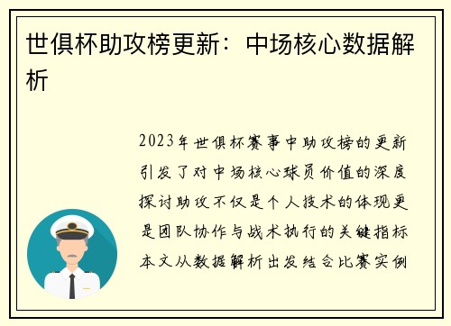 世俱杯助攻榜更新：中场核心数据解析