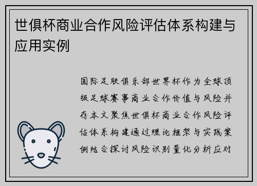 世俱杯商业合作风险评估体系构建与应用实例