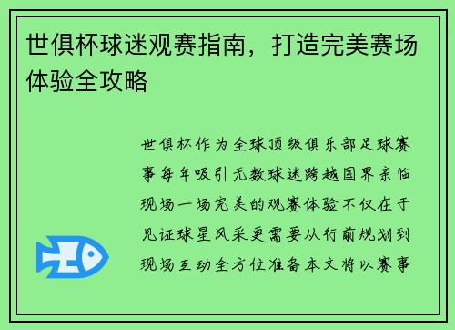 世俱杯球迷观赛指南，打造完美赛场体验全攻略